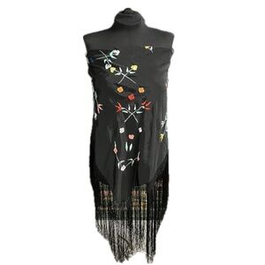 Vintage Shawl Embroidered Wrap Scarf Fringe Black